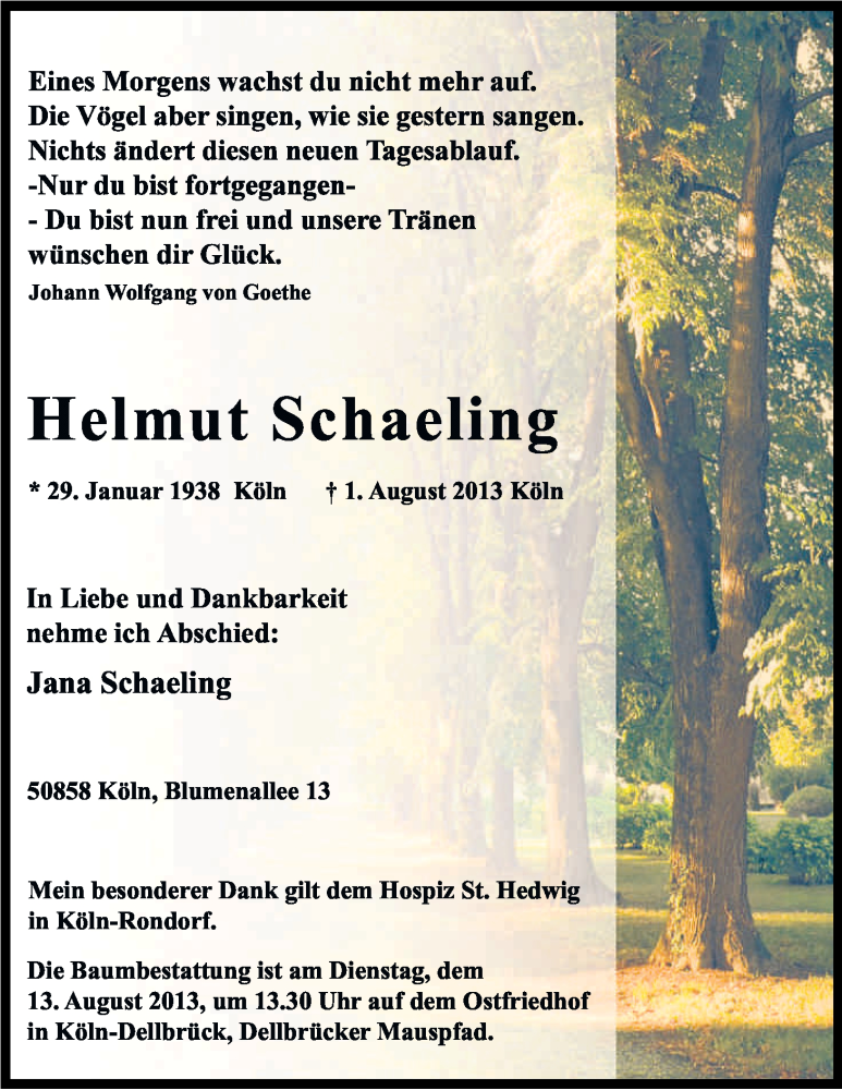  Traueranzeige für Helmut Schaeling vom 12.08.2013 aus Kölner Stadt-Anzeiger / Kölnische Rundschau / Express