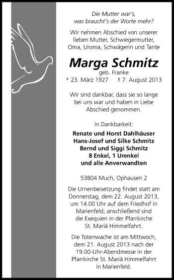 Anzeige von Marga Schmitz von Kölner Stadt-Anzeiger / Kölnische Rundschau / Express