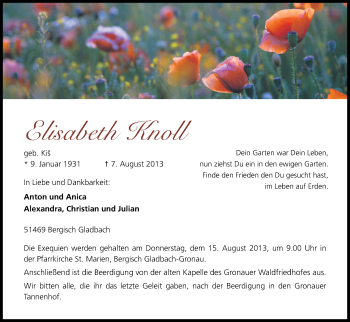 Anzeige von Elisabeth Knoll von Kölner Stadt-Anzeiger / Kölnische Rundschau / Express