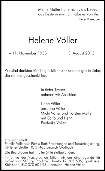Anzeige von Helene Völler von Kölner Stadt-Anzeiger / Kölnische Rundschau / Express