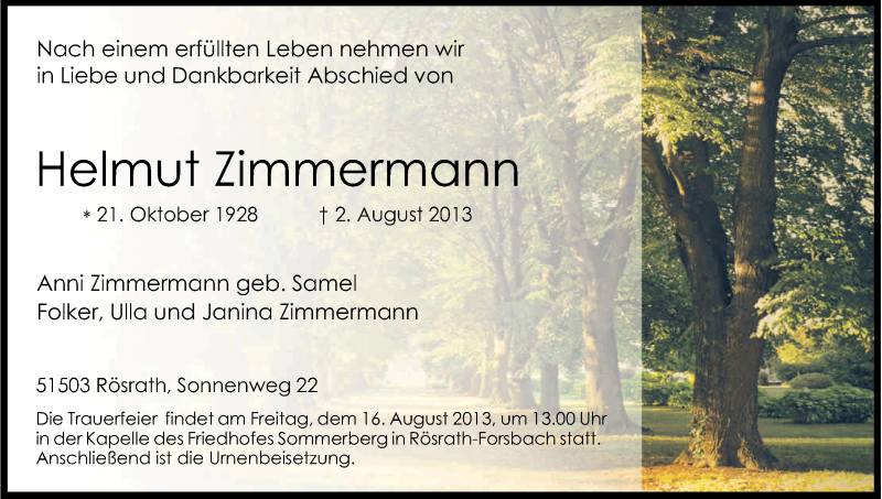  Traueranzeige für Helmut Zimmermann vom 10.08.2013 aus Kölner Stadt-Anzeiger / Kölnische Rundschau / Express