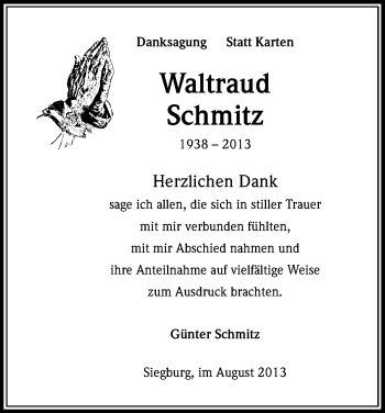 Anzeige von Waltraud Schmitz von Kölner Stadt-Anzeiger / Kölnische Rundschau / Express