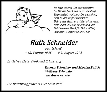 Anzeige von Ruth Schneider von Kölner Stadt-Anzeiger / Kölnische Rundschau / Express