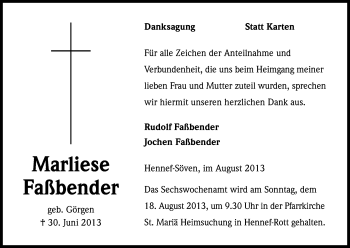 Anzeige von Marliese Faßbender von Kölner Stadt-Anzeiger / Kölnische Rundschau / Express