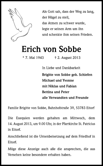 Anzeige von Erich von Sobbe von Kölner Stadt-Anzeiger / Kölnische Rundschau / Express