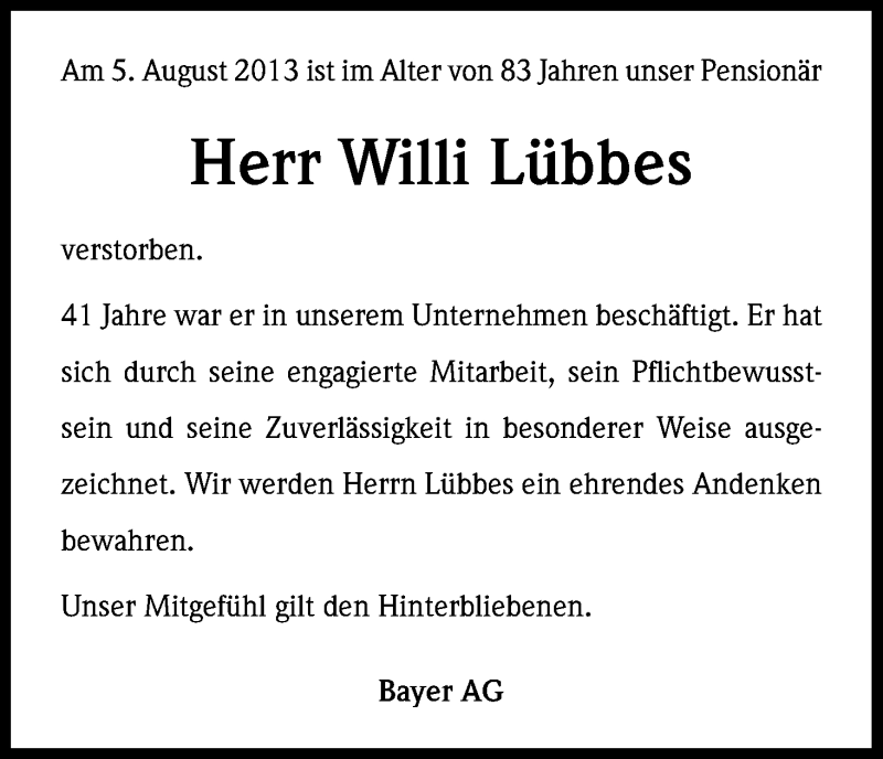  Traueranzeige für Willi Lübbers vom 09.08.2013 aus Kölner Stadt-Anzeiger / Kölnische Rundschau / Express