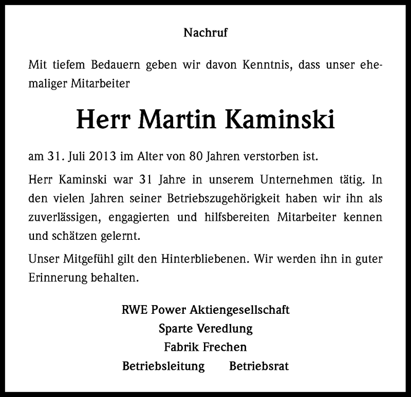  Traueranzeige für Martin Kaminski vom 09.08.2013 aus Kölner Stadt-Anzeiger / Kölnische Rundschau / Express
