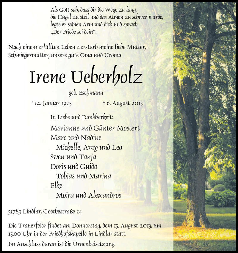  Traueranzeige für Irene Ueberholz vom 10.08.2013 aus Kölner Stadt-Anzeiger / Kölnische Rundschau / Express