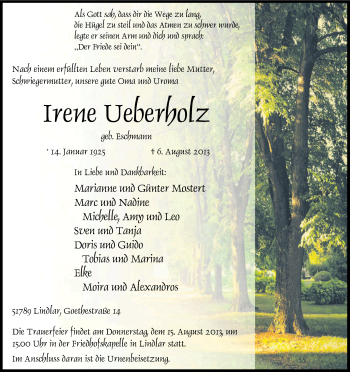 Anzeige von Irene Ueberholz von Kölner Stadt-Anzeiger / Kölnische Rundschau / Express