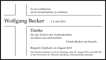 Anzeige von Wolfgang Becker von Kölner Stadt-Anzeiger / Kölnische Rundschau / Express