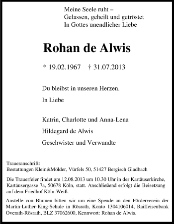 Anzeige von Rohan de Alwis von Kölner Stadt-Anzeiger / Kölnische Rundschau / Express