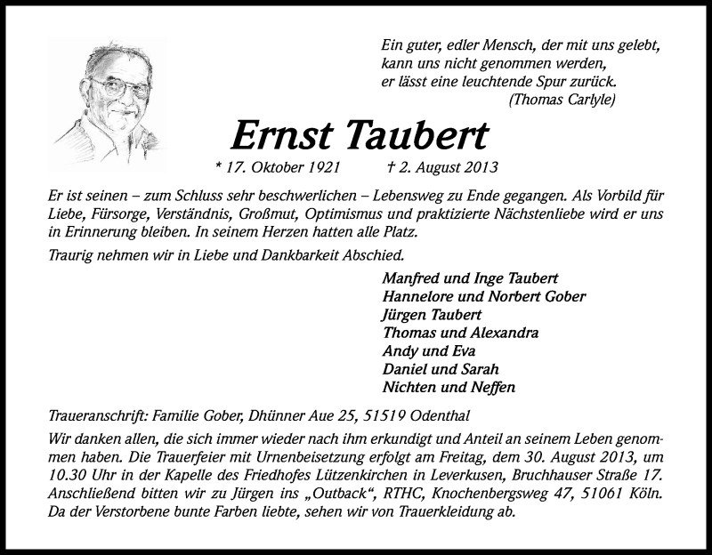  Traueranzeige für Ernst Taubert vom 10.08.2013 aus Kölner Stadt-Anzeiger / Kölnische Rundschau / Express