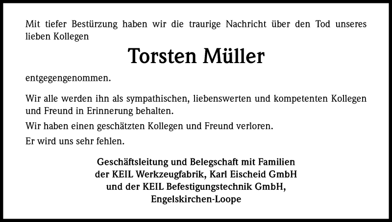  Traueranzeige für Torsten Müller vom 09.08.2013 aus Kölner Stadt-Anzeiger / Kölnische Rundschau / Express