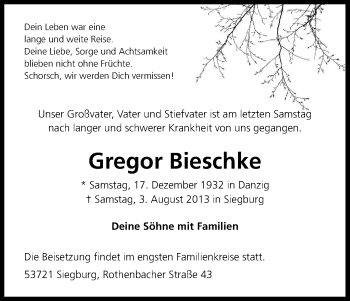 Anzeige von Gregor Bieschke von Kölner Stadt-Anzeiger / Kölnische Rundschau / Express