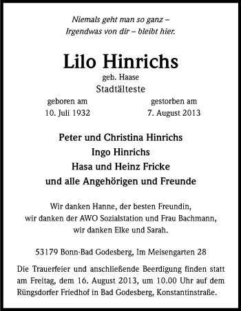 Anzeige von Lilo Hinrichs von Kölner Stadt-Anzeiger / Kölnische Rundschau / Express