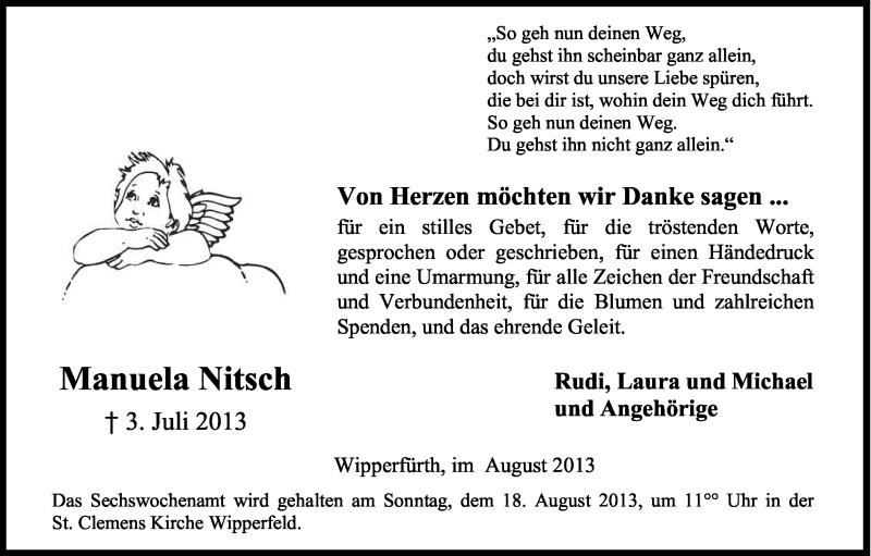  Traueranzeige für Manuela Nitsch vom 10.08.2013 aus Kölner Stadt-Anzeiger / Kölnische Rundschau / Express