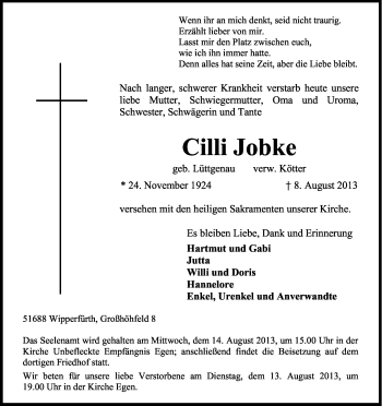 Anzeige von Cilli Jobke von Kölner Stadt-Anzeiger / Kölnische Rundschau / Express