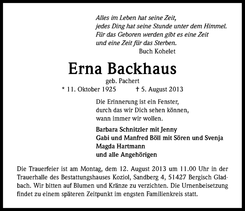  Traueranzeige für Erna Backhaus vom 10.08.2013 aus Kölner Stadt-Anzeiger / Kölnische Rundschau / Express