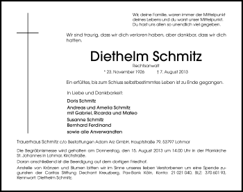 Anzeige von Diethelm Schmitz von Kölner Stadt-Anzeiger / Kölnische Rundschau / Express