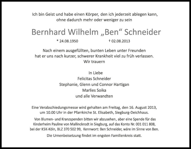 Traueranzeige für Bernhard Wilhelm Schneider vom 10.08.2013 aus Kölner Stadt-Anzeiger / Kölnische Rundschau / Express