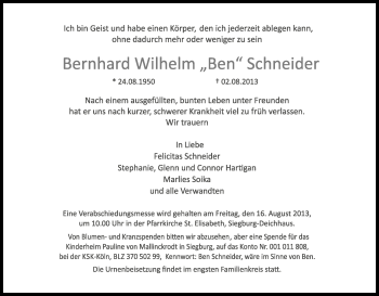 Anzeige von Bernhard Wilhelm Schneider von Kölner Stadt-Anzeiger / Kölnische Rundschau / Express