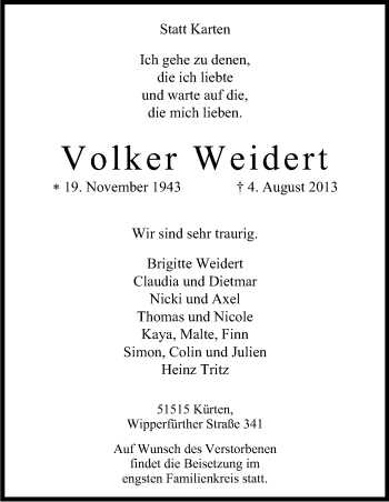 Anzeige von Volker Weidert von Kölner Stadt-Anzeiger / Kölnische Rundschau / Express