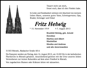 Anzeige von Fritz Helwig von Kölner Stadt-Anzeiger / Kölnische Rundschau / Express