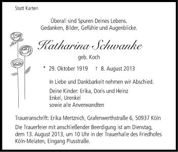 Anzeige von Katharina Schwanke von Kölner Stadt-Anzeiger / Kölnische Rundschau / Express