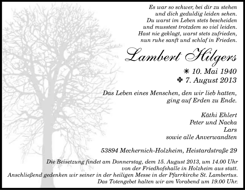  Traueranzeige für Lambert Hilgers vom 10.08.2013 aus Kölner Stadt-Anzeiger / Kölnische Rundschau / Express