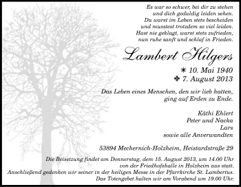 Anzeige von Lambert Hilgers von Kölner Stadt-Anzeiger / Kölnische Rundschau / Express