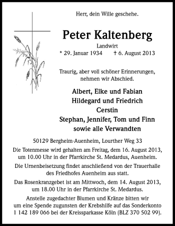 Anzeige von Peter Kaltenberg von Kölner Stadt-Anzeiger / Kölnische Rundschau / Express
