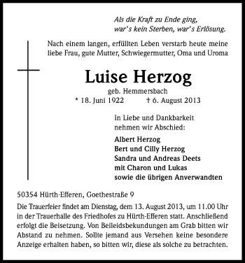 Anzeige von Luise Herzog von Kölner Stadt-Anzeiger / Kölnische Rundschau / Express