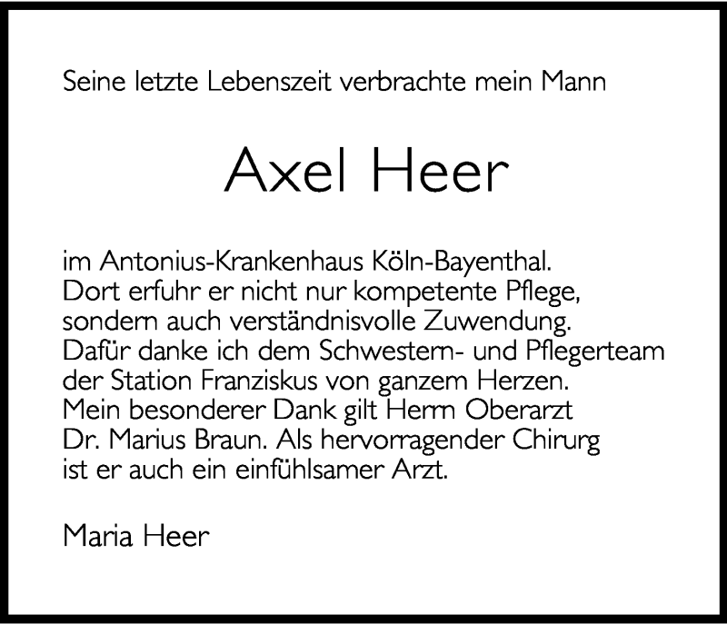  Traueranzeige für Axel Heer vom 10.08.2013 aus Kölner Stadt-Anzeiger / Kölnische Rundschau / Express