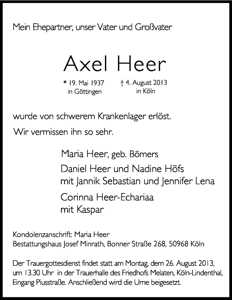  Traueranzeige für Axel Heer vom 10.08.2013 aus Kölner Stadt-Anzeiger / Kölnische Rundschau / Express