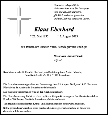 Anzeige von Klaus Eberhard von Kölner Stadt-Anzeiger / Kölnische Rundschau / Express