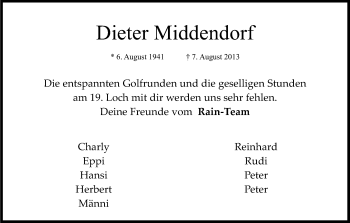 Anzeige von Dieter Middendorf von Kölner Stadt-Anzeiger / Kölnische Rundschau / Express