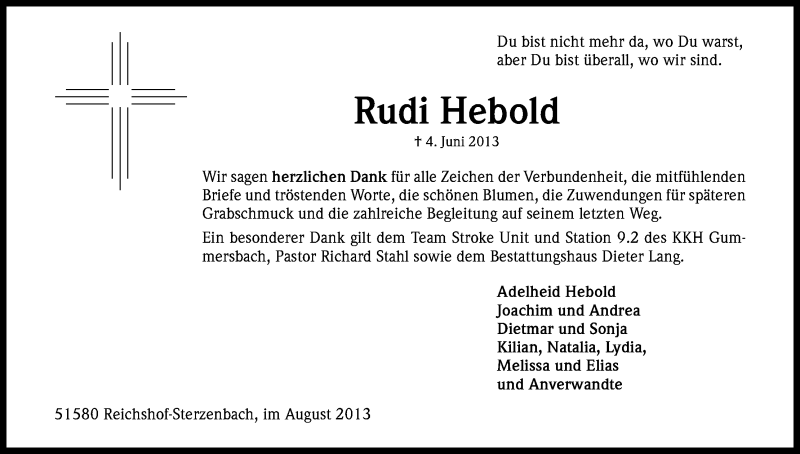  Traueranzeige für Rudi Hebold vom 10.08.2013 aus Kölner Stadt-Anzeiger / Kölnische Rundschau / Express