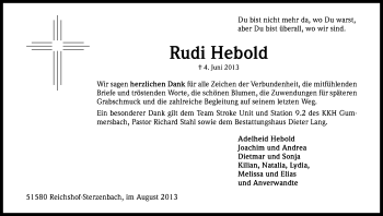 Anzeige von Rudi Hebold von Kölner Stadt-Anzeiger / Kölnische Rundschau / Express
