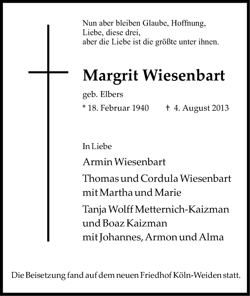  Traueranzeige für Margrit Wiesenbart vom 24.08.2013 aus Kölner Stadt-Anzeiger / Kölnische Rundschau / Express