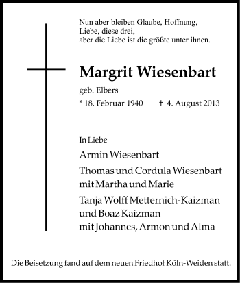 Anzeige von Margrit Wiesenbart von Kölner Stadt-Anzeiger / Kölnische Rundschau / Express