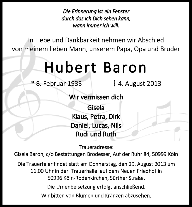  Traueranzeige für Hubert Baron vom 16.08.2013 aus Kölner Stadt-Anzeiger / Kölnische Rundschau / Express