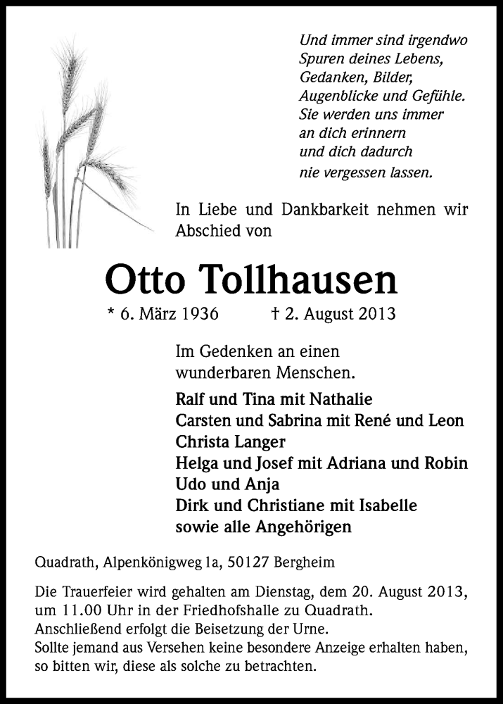  Traueranzeige für Otto Tollhausen vom 17.08.2013 aus Kölner Stadt-Anzeiger / Kölnische Rundschau / Express