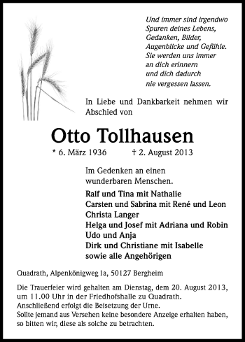Anzeige von Otto Tollhausen von Kölner Stadt-Anzeiger / Kölnische Rundschau / Express