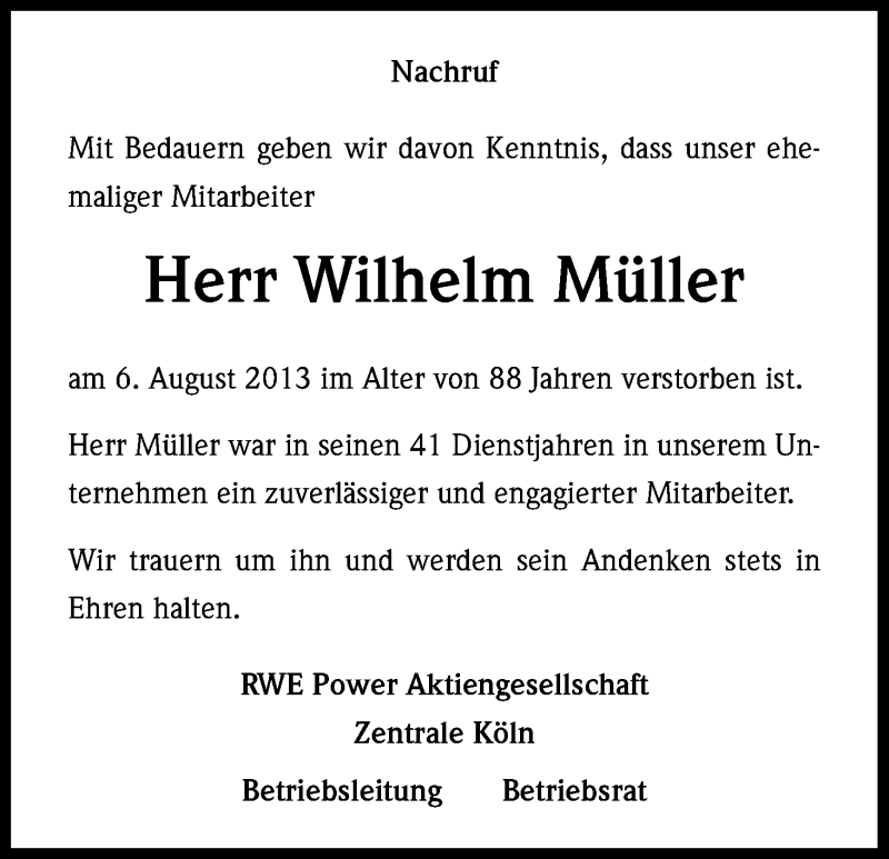  Traueranzeige für Wilhelm Müller vom 13.08.2013 aus Kölner Stadt-Anzeiger / Kölnische Rundschau / Express