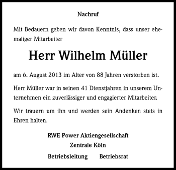 Anzeige von Wilhelm Müller von Kölner Stadt-Anzeiger / Kölnische Rundschau / Express