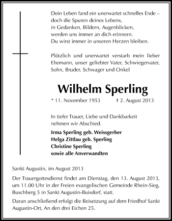 Anzeige von Wilhelm Sperling von Kölner Stadt-Anzeiger / Kölnische Rundschau / Express
