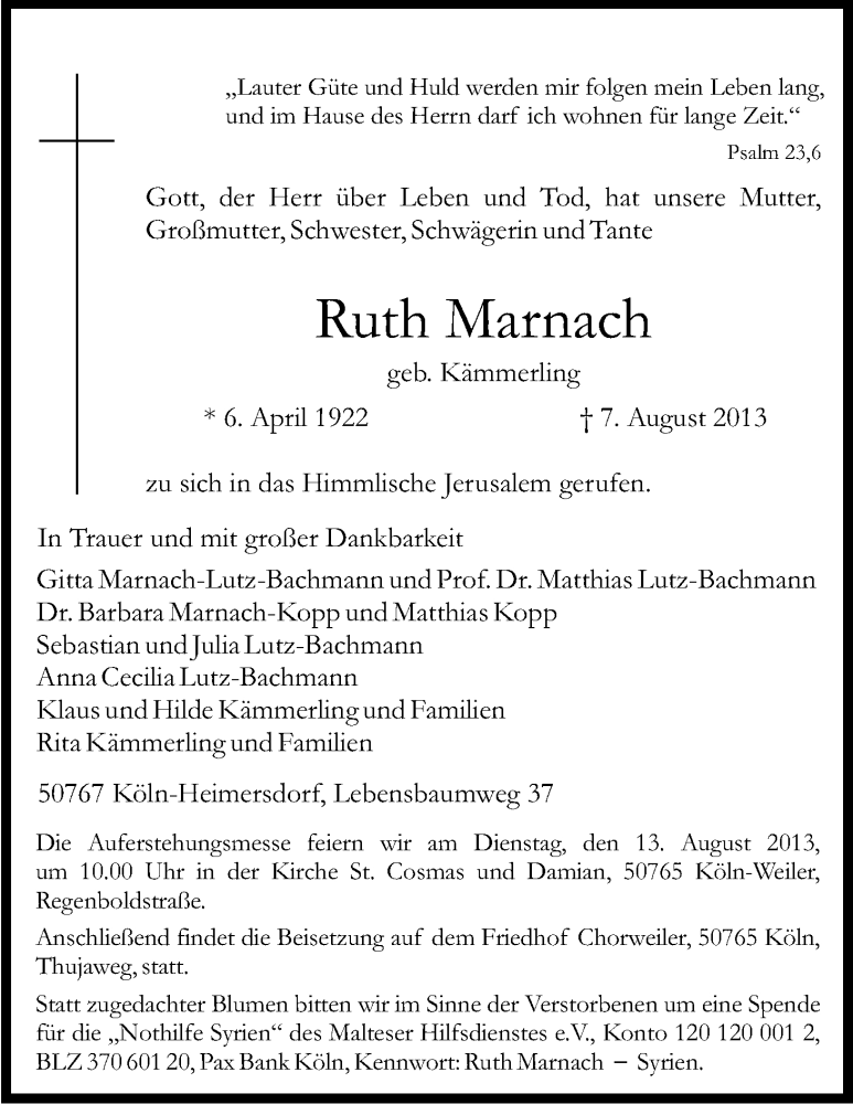  Traueranzeige für Ruth Marnach vom 10.08.2013 aus Kölner Stadt-Anzeiger / Kölnische Rundschau / Express