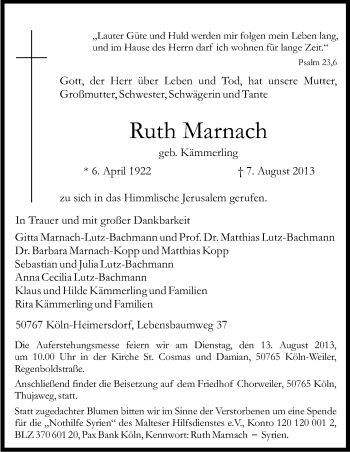 Anzeige von Ruth Marnach von Kölner Stadt-Anzeiger / Kölnische Rundschau / Express
