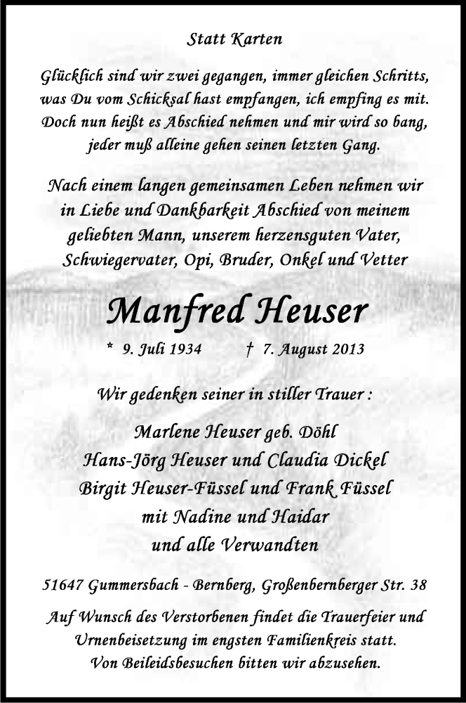  Traueranzeige für Manfred Heuser vom 10.08.2013 aus Kölner Stadt-Anzeiger / Kölnische Rundschau / Express