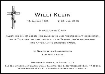 Anzeige von Willi Klein von Kölner Stadt-Anzeiger / Kölnische Rundschau / Express
